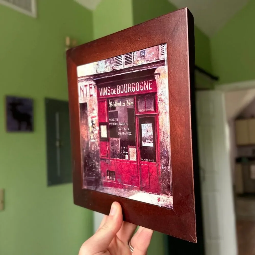 VTG French Wine Storefront Charming Hanging Trivet Wood + Glazed Ceramic Made